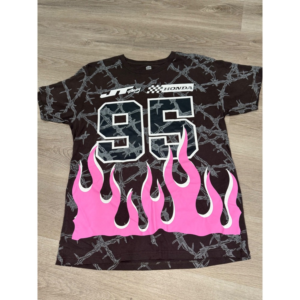 JT Racing USA Honda Mens Brown Barbed Wire Pink Flames 95 Graphic T-Shirt Large